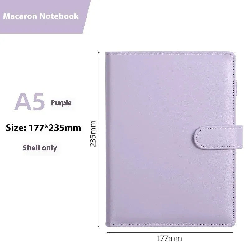 A5 PU leather zippered notebook shell in multiple solid colours including pink, blue, and black.