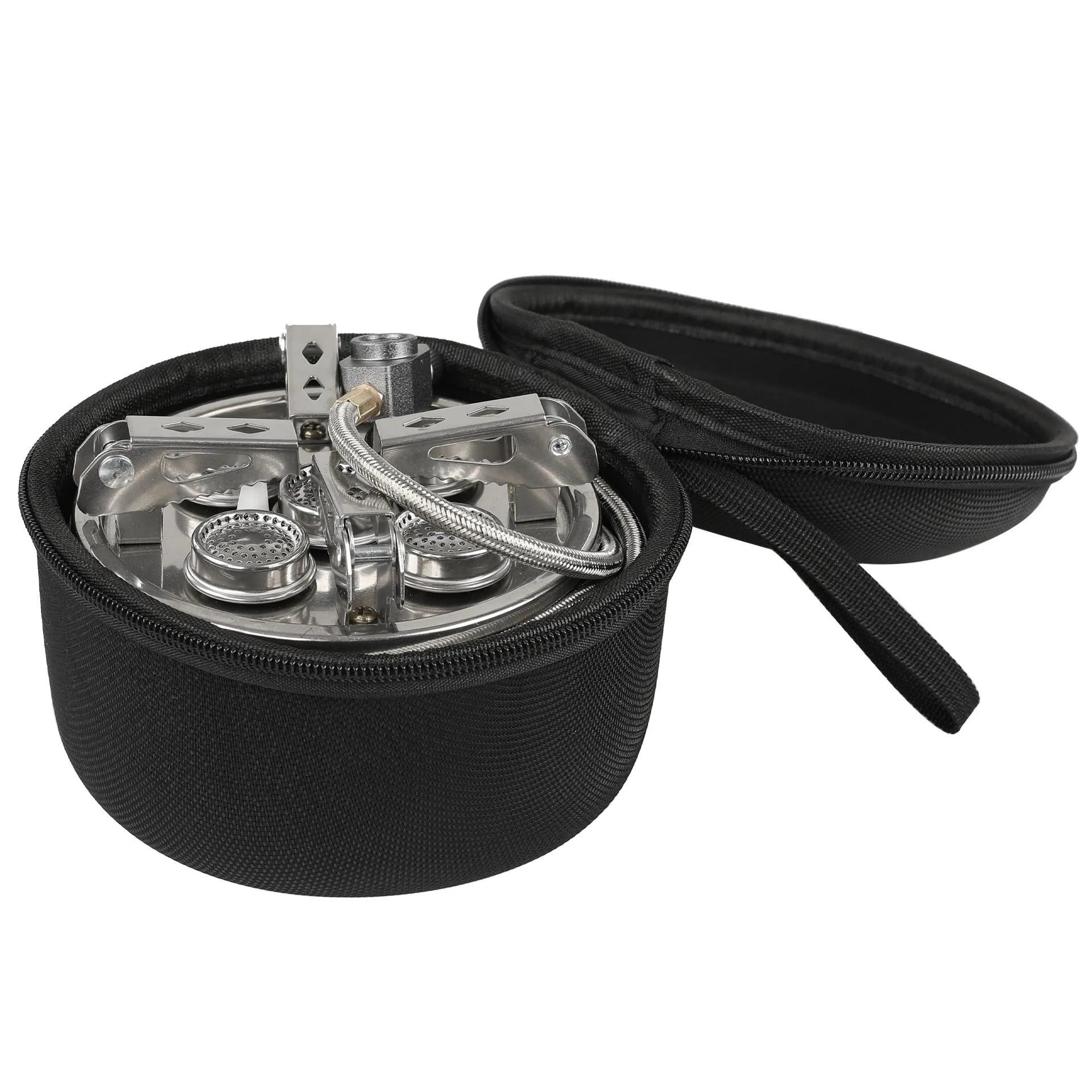 Silver foldable stainless steel split camping stove with a hose, shown with dimensions 155mm by 125mm.