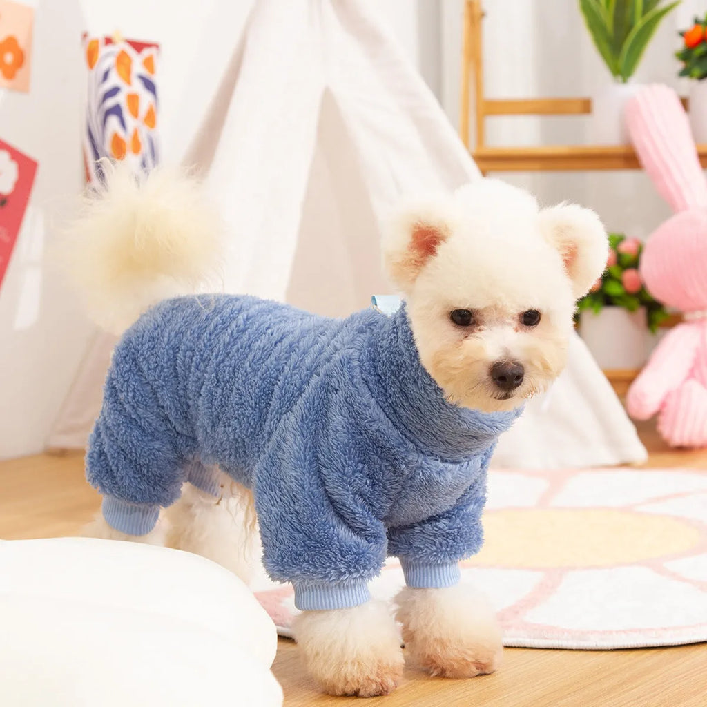 Four-legged dog clothes in double-sided plush fabric with high collar and towing ring in khaki, pink, and blue colours