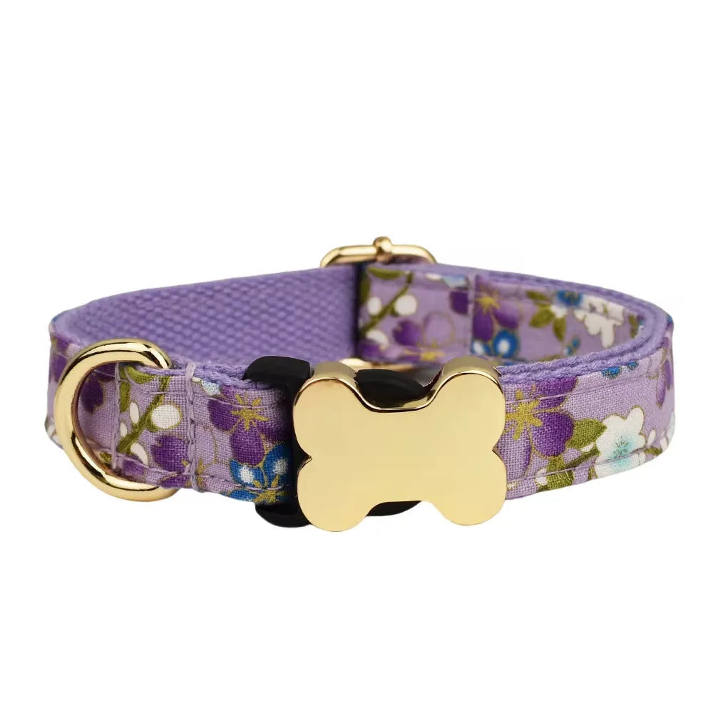 Nylon dog collar with printed grid pattern and bone-shaped metal buckle in multiple colour options