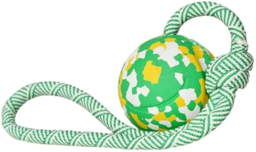 Natural rubber dog ball with nylon rope attached, suitable for fetch and tug games with medium small dogs