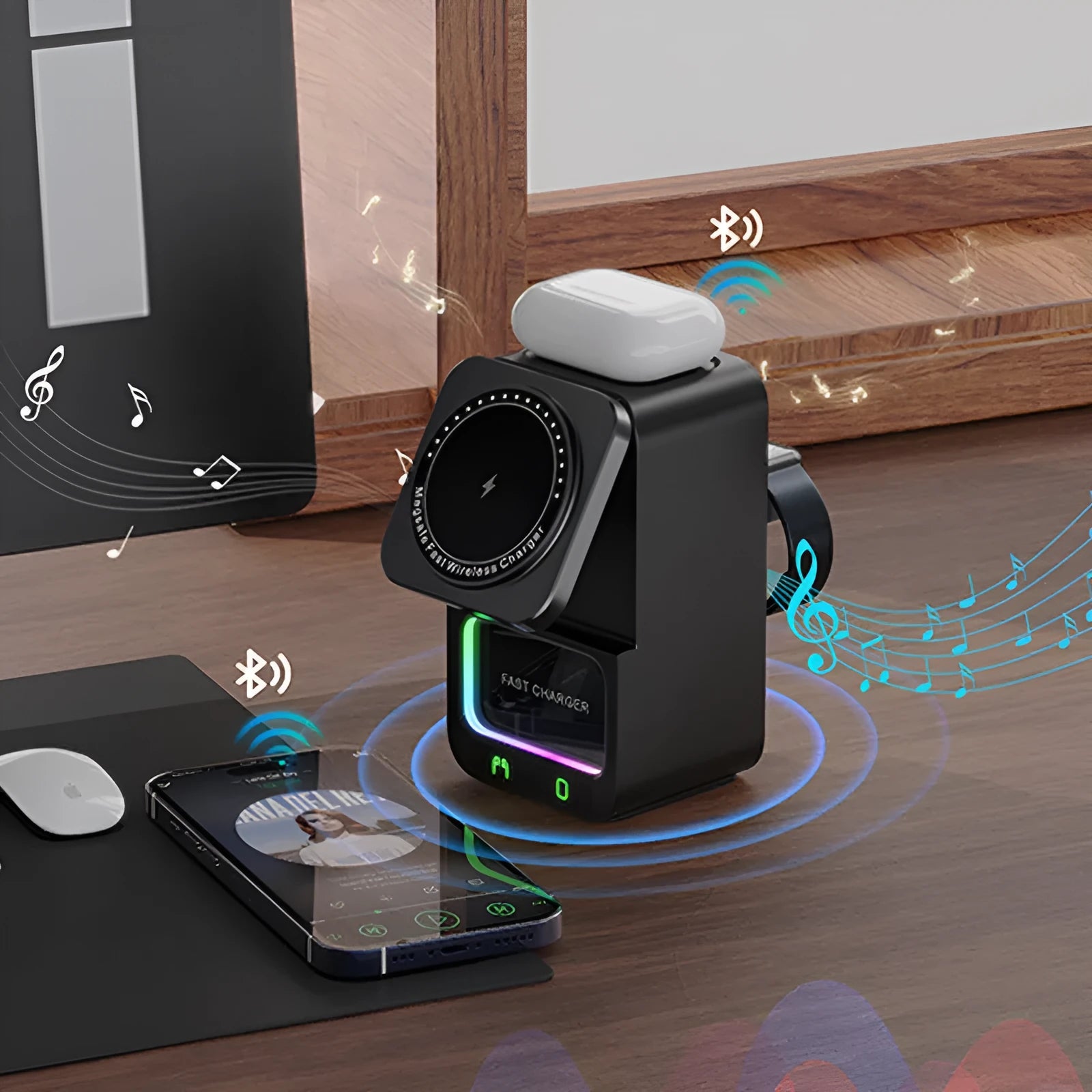 5-in-1 wireless charger Bluetooth speaker with 23W output in black or white finish supporting magnetic fast charge