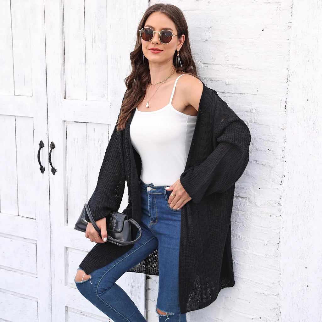 Women's loose acrylic cardigan in free size, shown in solid colour options including army green, black, brown, light grey, and rose red.