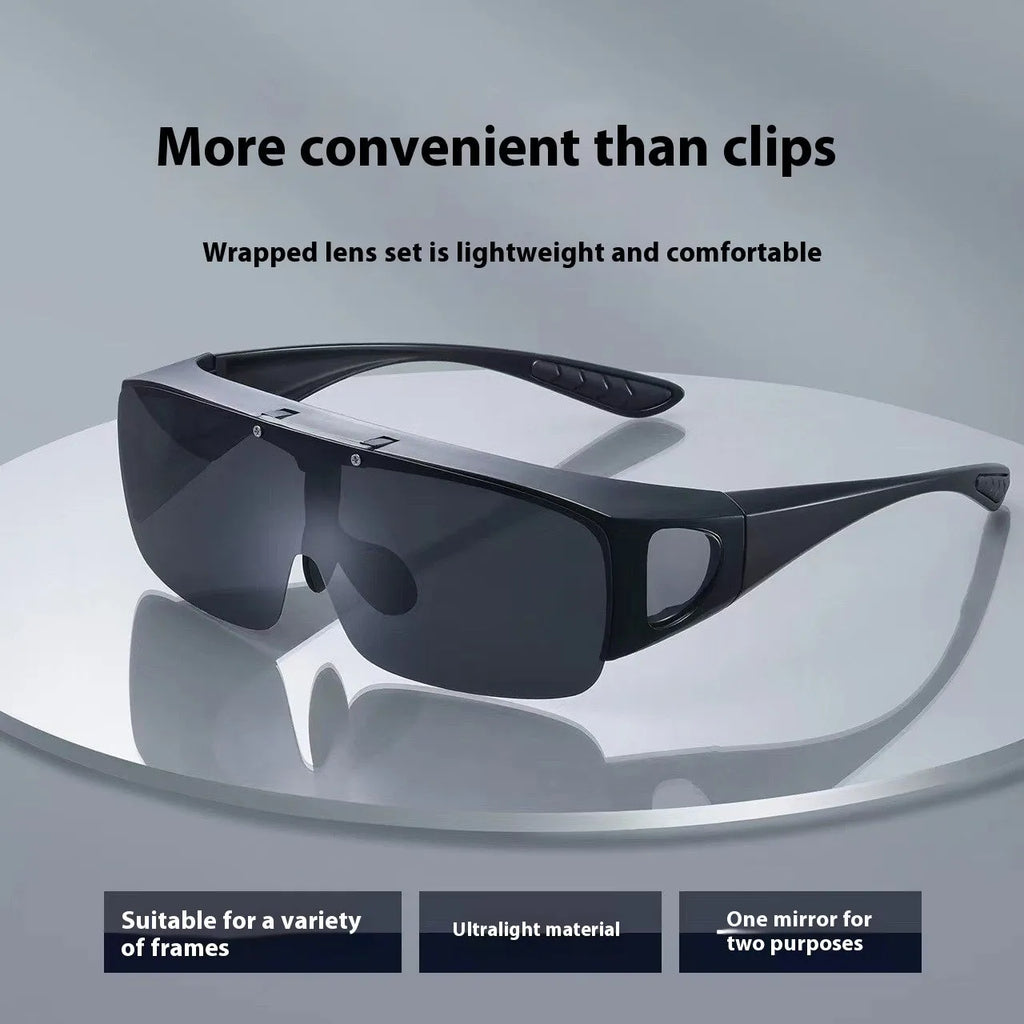 Sporty polarised myopia sunglasses with multiple interchangeable lenses including black, grey, and night vision, on a dark background.