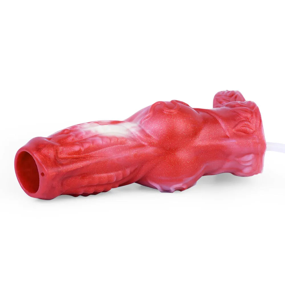 Manual water spray silicone exotic condom toy for adults with syringe and airbag, shown in M and L sizes.