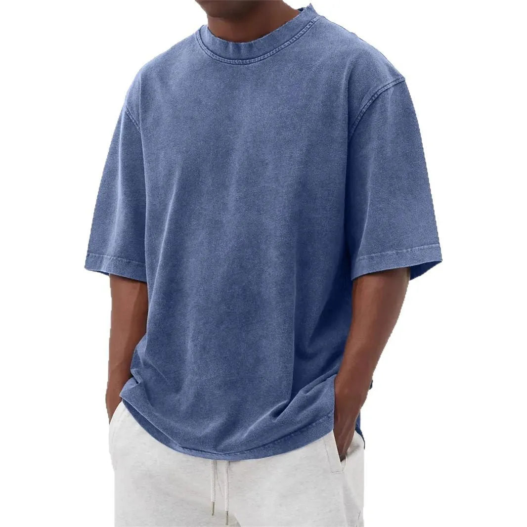 Men's stone washed distressed pullover t-shirt in loose fit with half sleeves available in eight colours