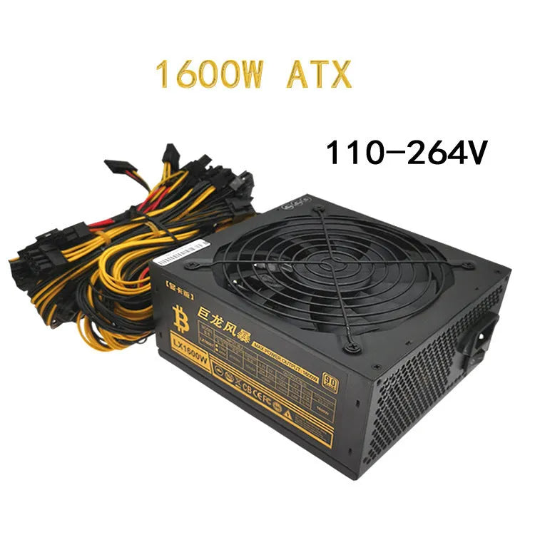 Black server power supply unit with multiple cable connectors including graphics card and D-type interfaces.