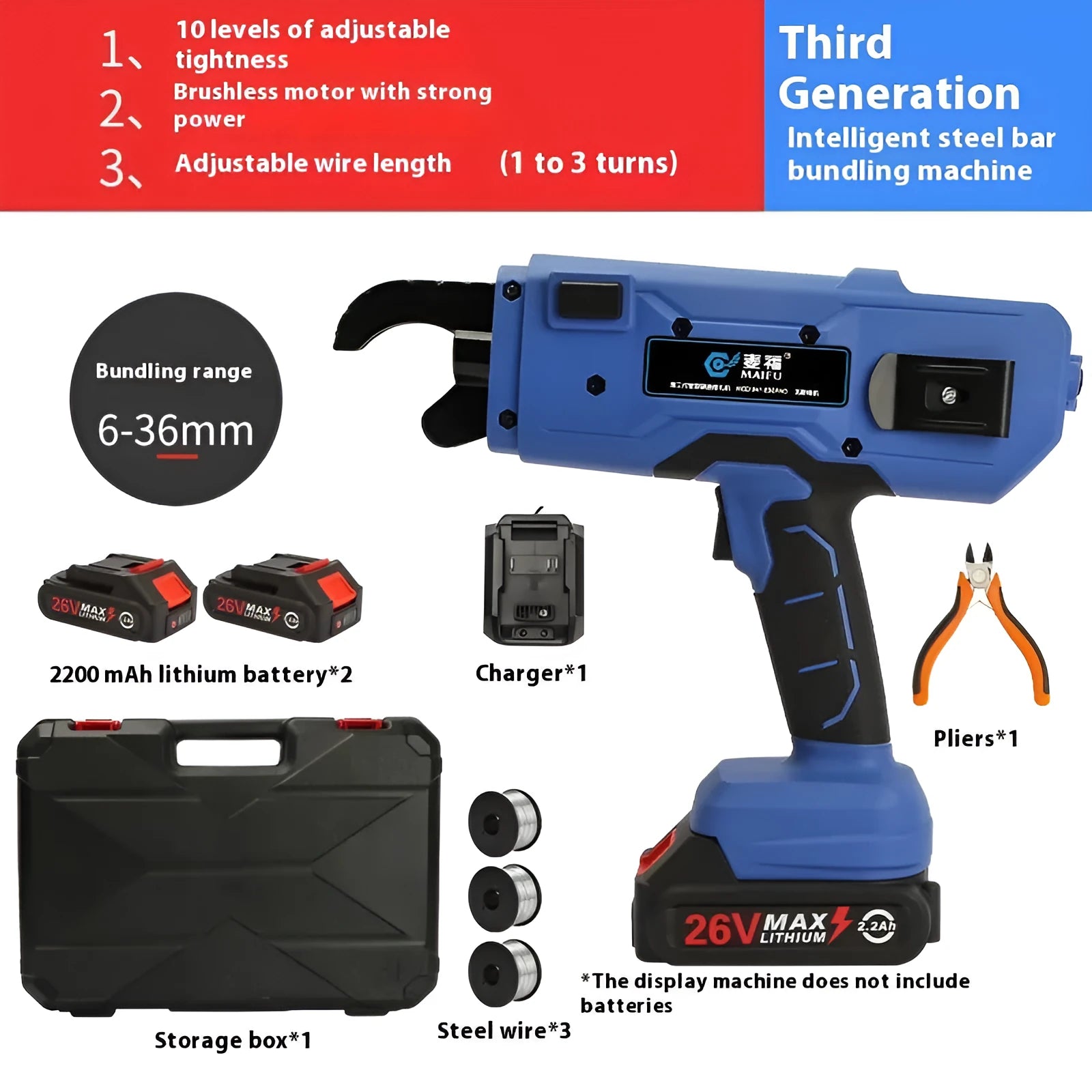 Electric steel bar tying machine with battery and toolbox for construction reinforcement work