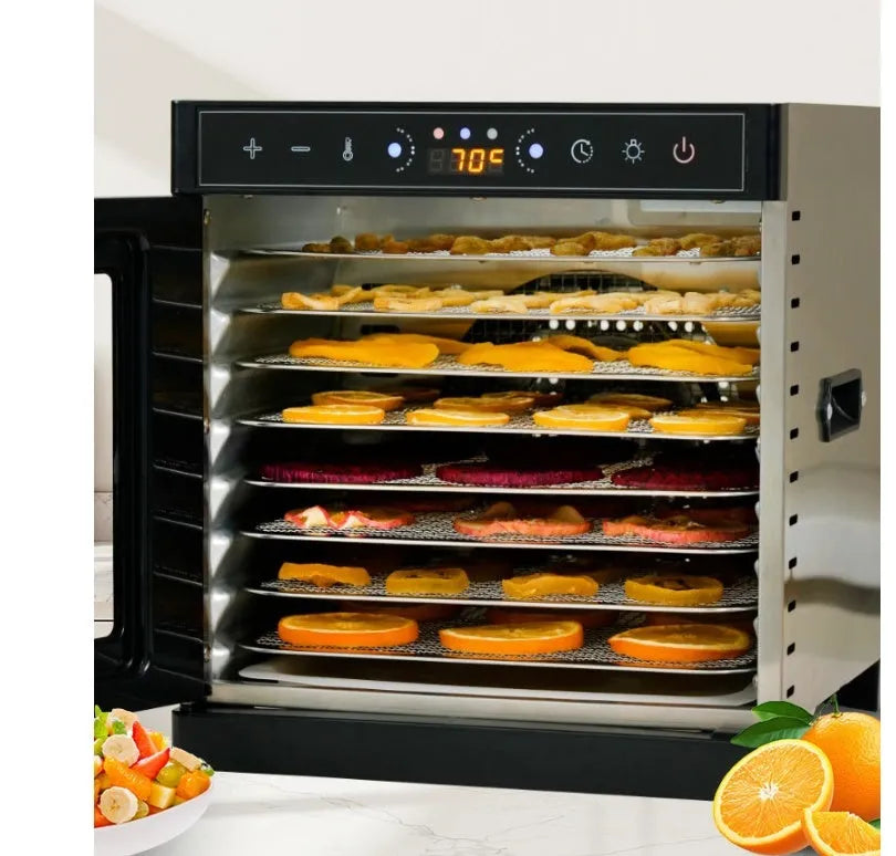 Stainless steel fruit dehydrator with LED control panel showing temperature settings and multiple drying trays
