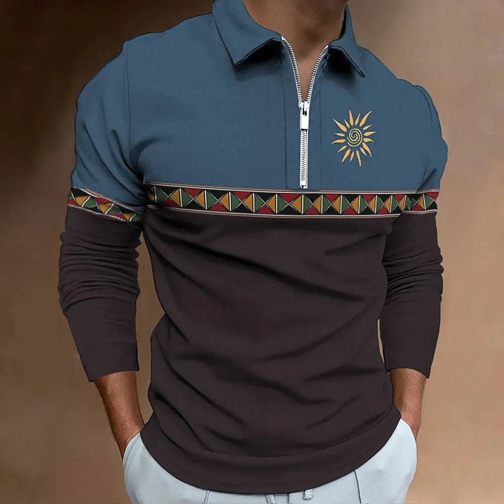 Men's loose-fit long-sleeved t-shirt with retro colour printing and a zip decoration detail.