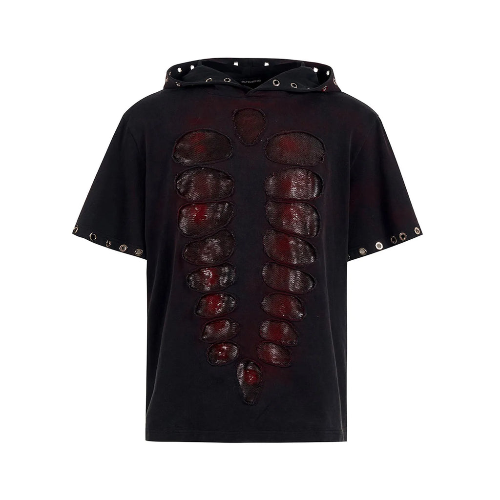 Black men's hooded T-shirt with sequin detailing on loose fit short sleeve design