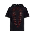 Black men's hooded T-shirt with sequin detailing on loose fit short sleeve design