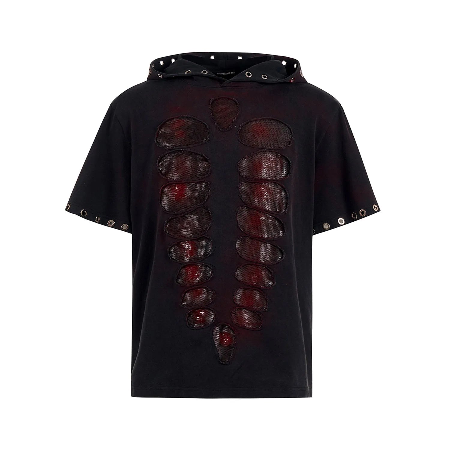 Black men's hooded T-shirt with sequin detailing on loose fit short sleeve design