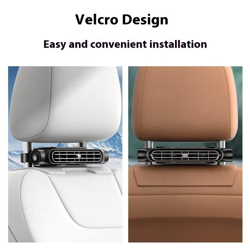 USB car fan with no-blade design mounted on vehicle seat using Velcro fixation in 2024 CF03 colour options