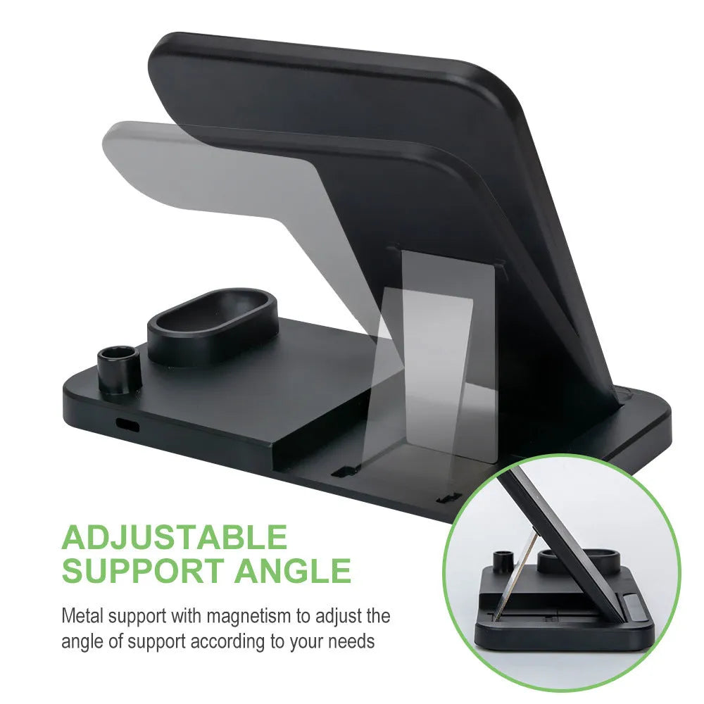 Folding 4-in-1 wireless charger in space grey colour, shown upright as a phone stand with an iPhone charging.