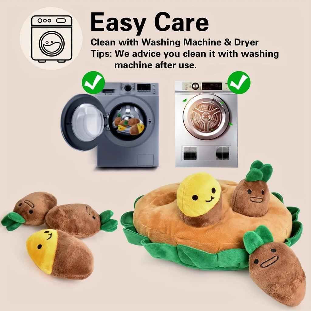 Yellow durable polyester dog puzzle mat with removable squeaky plush toys as a slow feeder and foraging pad