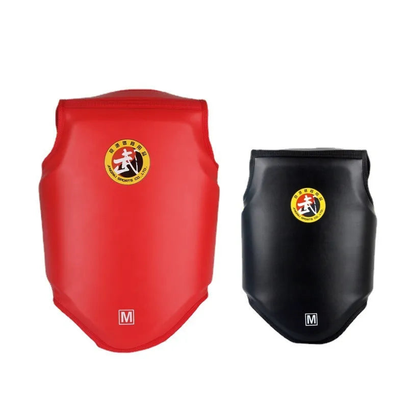 Red boxing helmet with integrated chest protector training gear shown from front