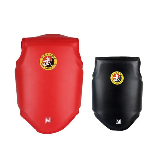 Red boxing helmet with integrated chest protector training gear shown from front