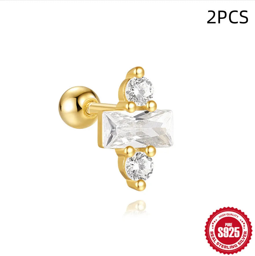 S925 sterling silver square gravel stud earring with red centre and gold plating