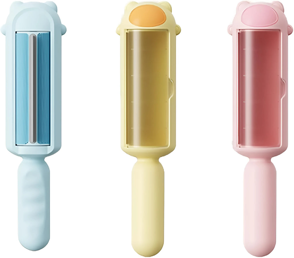 Blue reusable pet hair remover roller with self-cleaning base on a fabric sofa.