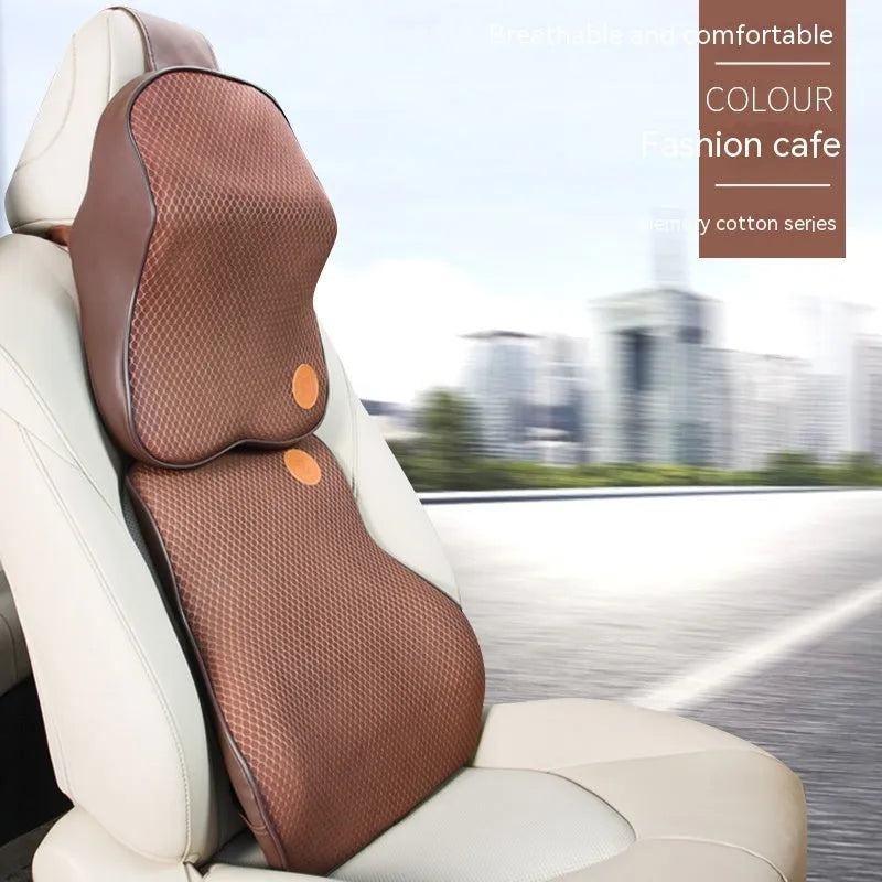 Black and beige memory foam headrest pillow and lumbar support pillow for car seats.