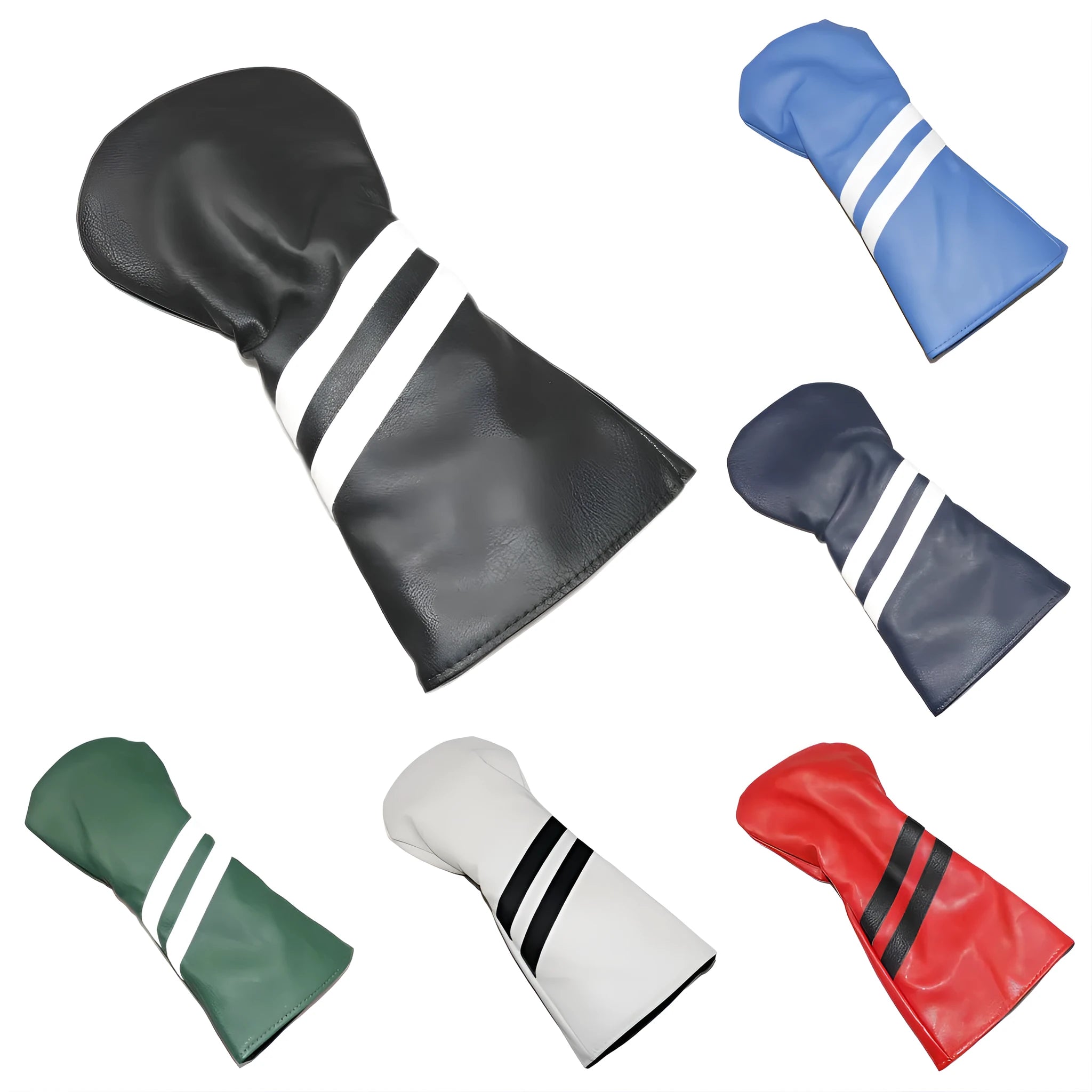 Golf club head cover with two oblique stripes, shown in multiple colours.