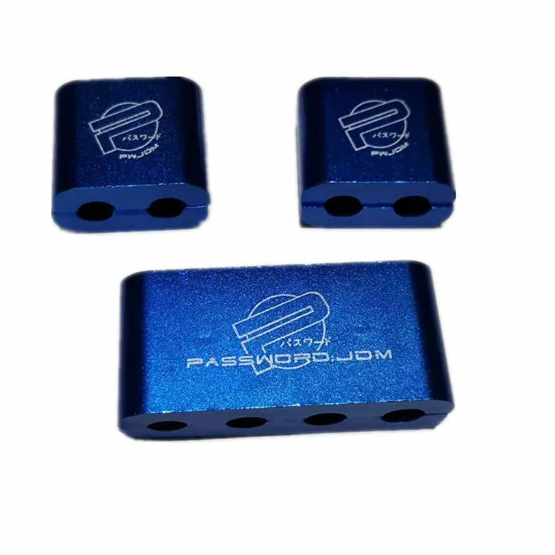 Three-piece metal car fastening clamp in assorted colours, shown with metal fixed sleeve, scale showing 55x30x25mm dimensions.