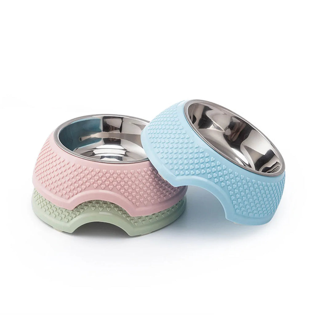 Blue stainless steel pet bowl with rubber non-slip base for cats and dogs