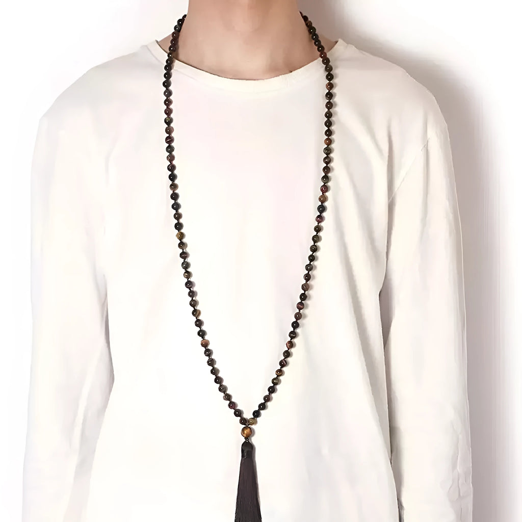 Geometric agate pendant necklace with a long multi-coloured stone tassel, showing Indian agate and amethyst colour options.