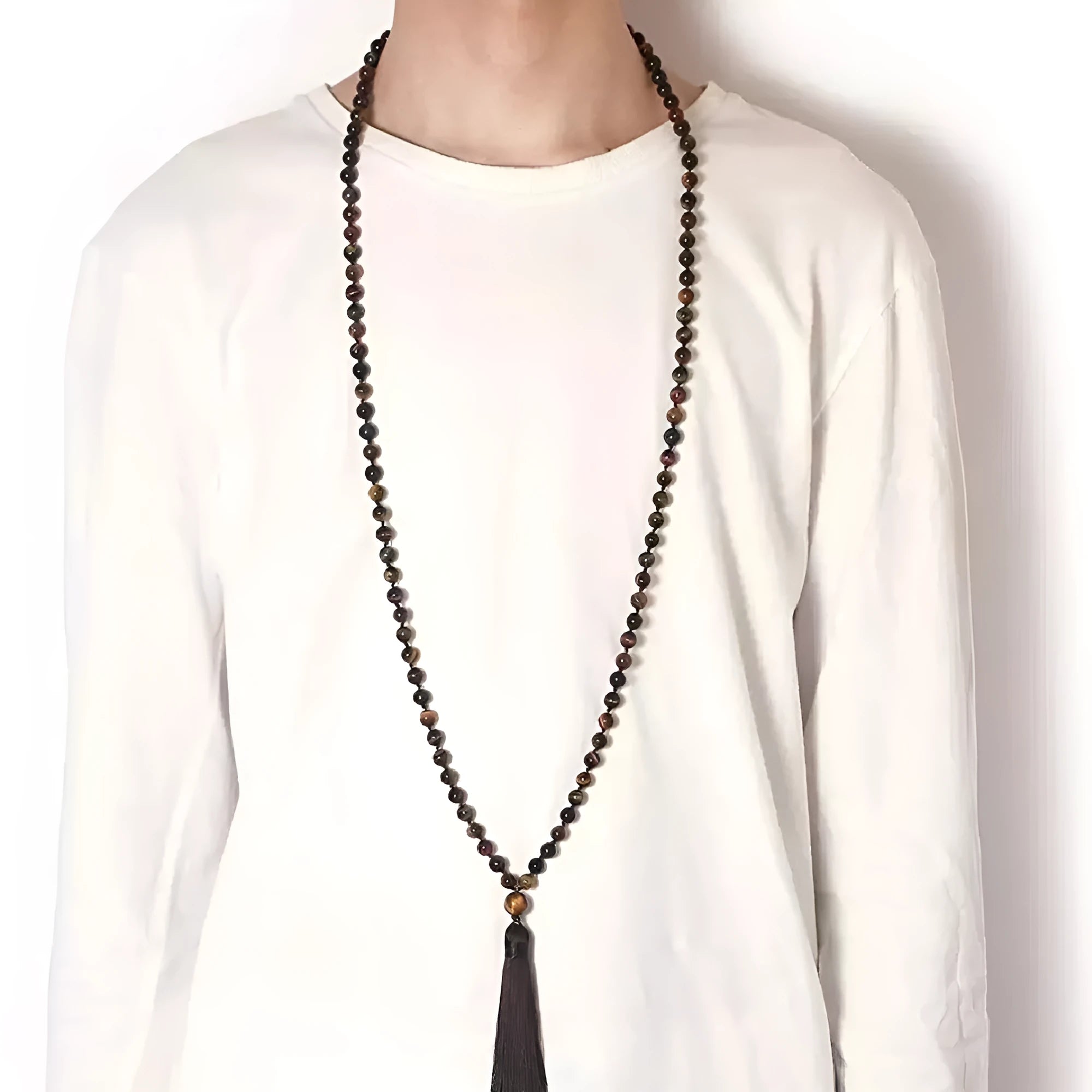 Geometric agate pendant necklace with a long multi-coloured stone tassel, showing Indian agate and amethyst colour options.