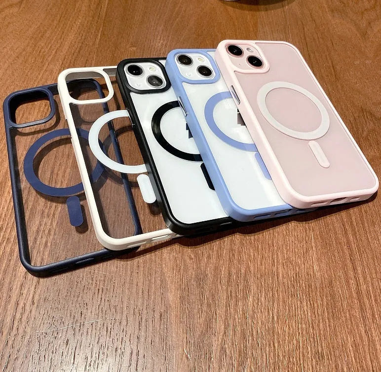 Transparent acrylic MagSafe phone case for iPhone showing magnetic ring and clear design
