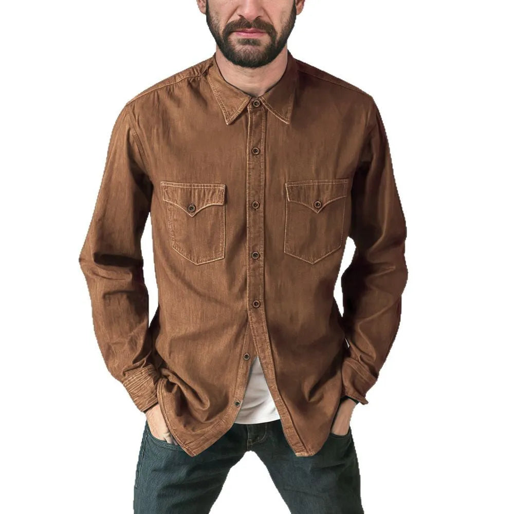 Men's cotton denim cardigan coat in regular fit, shown in khaki colour.