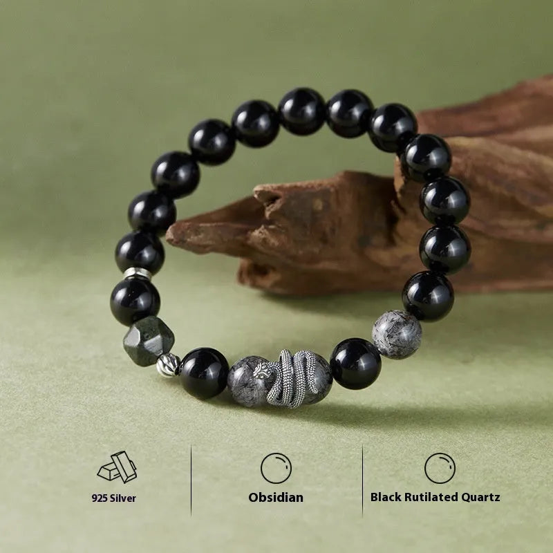 S925 sterling silver men's bracelet with obsidian black hair crystal and snake design