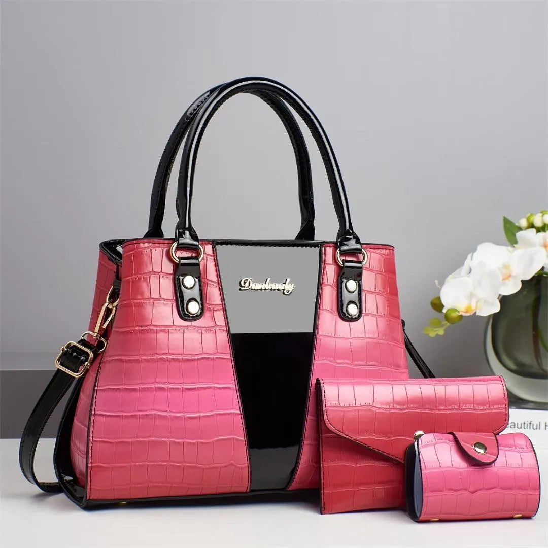 Women's crocodile stitch three-piece shoulder bag set in PU leather showing main bag, small bag, and card pouch