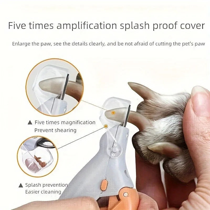 Yellow handheld LED pet nail trimmer with magnifying glass and steel blades for cats and dogs