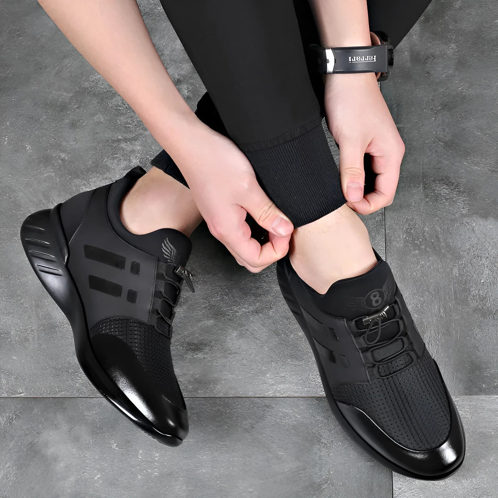 Men's black height increasing casual sneakers with chunky sole, shown in leather and mesh upper options.