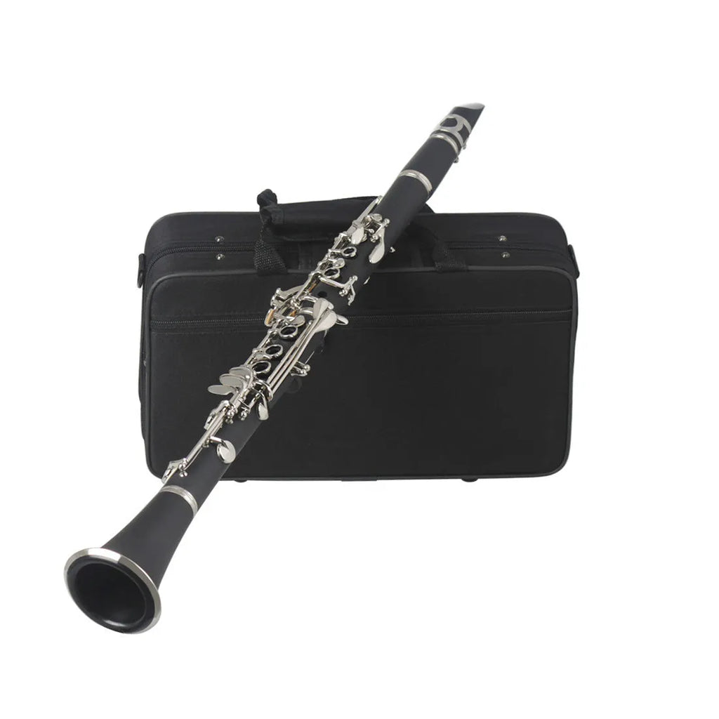 Black Bakelite clarinet with nickel keys showing 17-key mechanism and included carrying bag