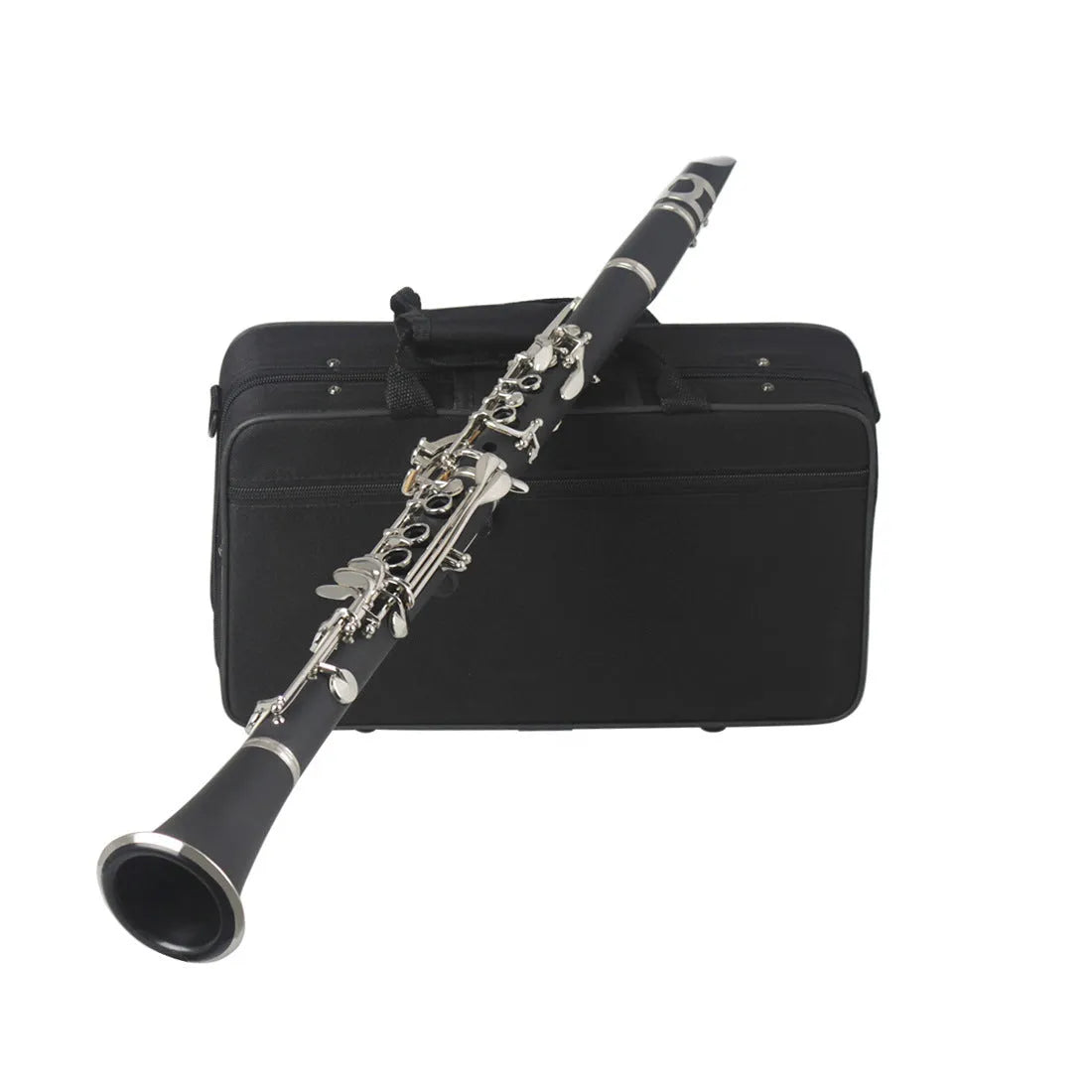 Black Bakelite clarinet with nickel keys showing 17-key mechanism and included carrying bag