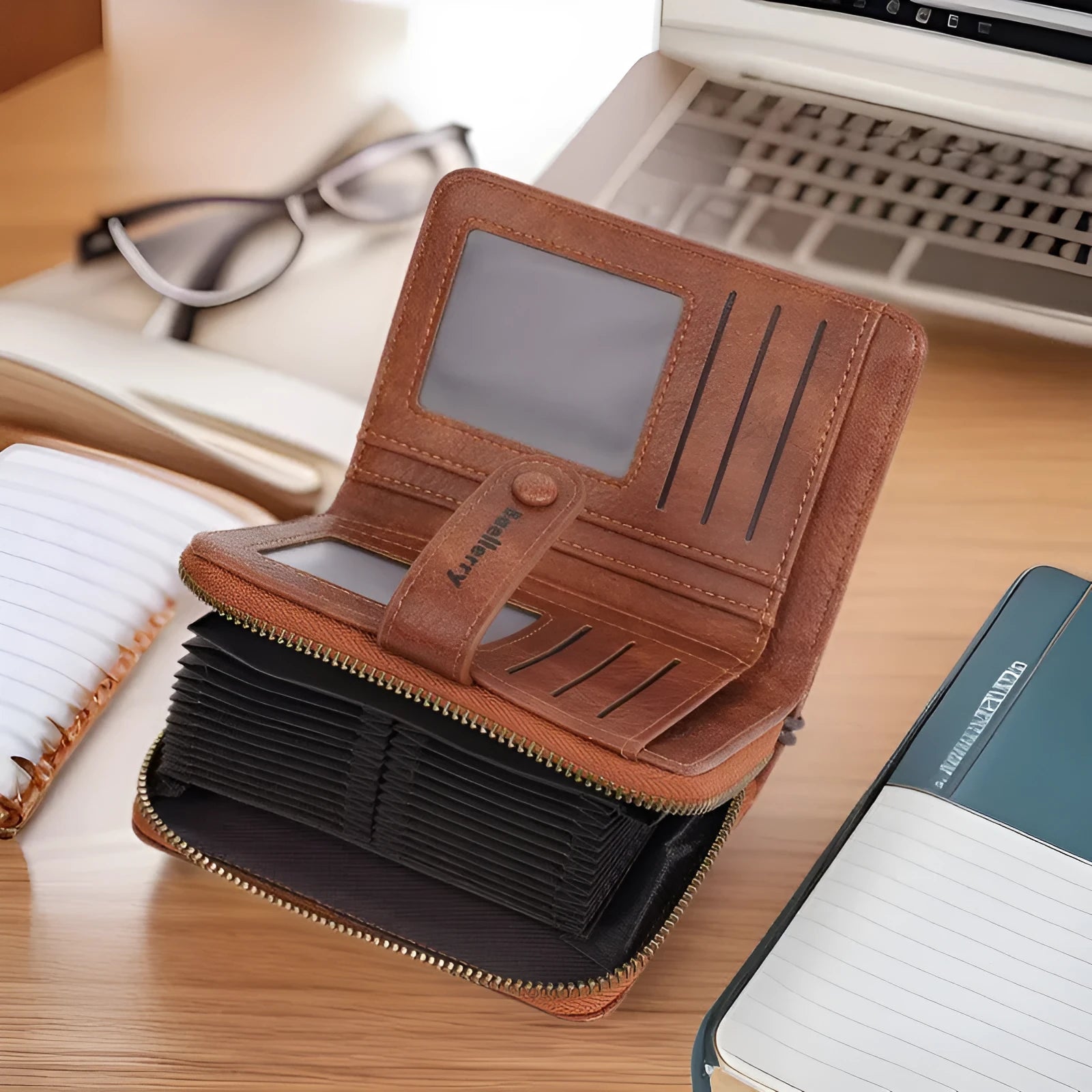 Women's black PU leather coin purse with zipper closure showing integrated wallet and card holder functions