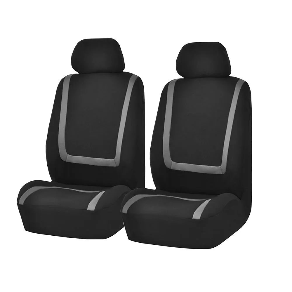 Fully enclosed universal car seat cover set in fabric material, showing headrest and seat panels.