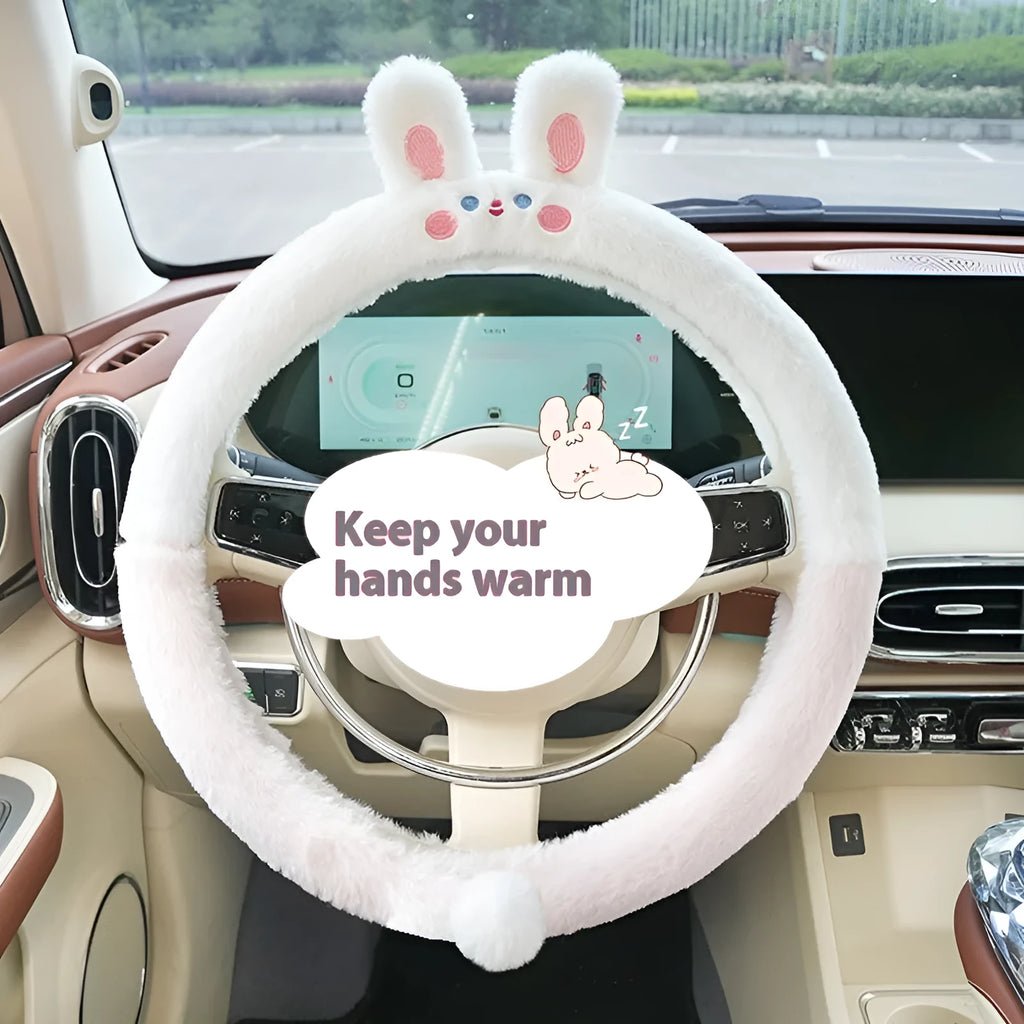 Winter plush steering wheel cover with cartoon animal embroidery, 38cm diameter