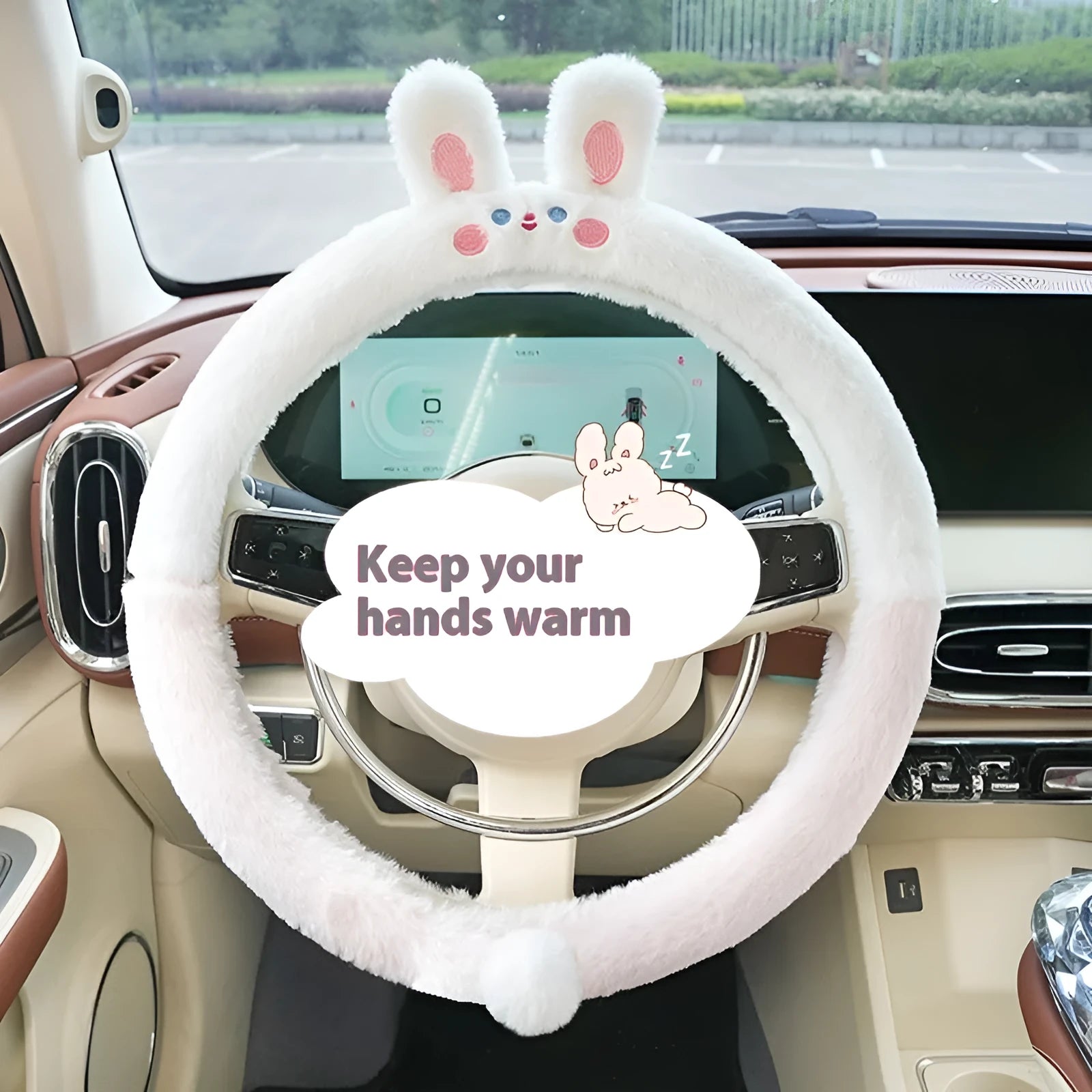 Winter plush steering wheel cover with cartoon animal embroidery, 38cm diameter