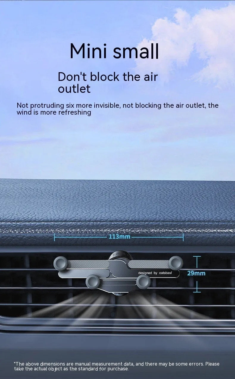 Invisible alloy car phone bracket showing air vent and dashboard mounting options in black, silver and grey colours