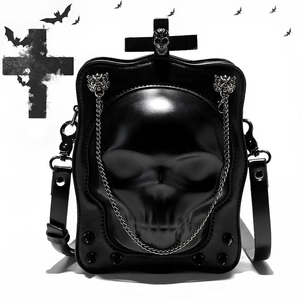 Black gothic skull crossbody bag with square shape, stitching and metal rivet detailing