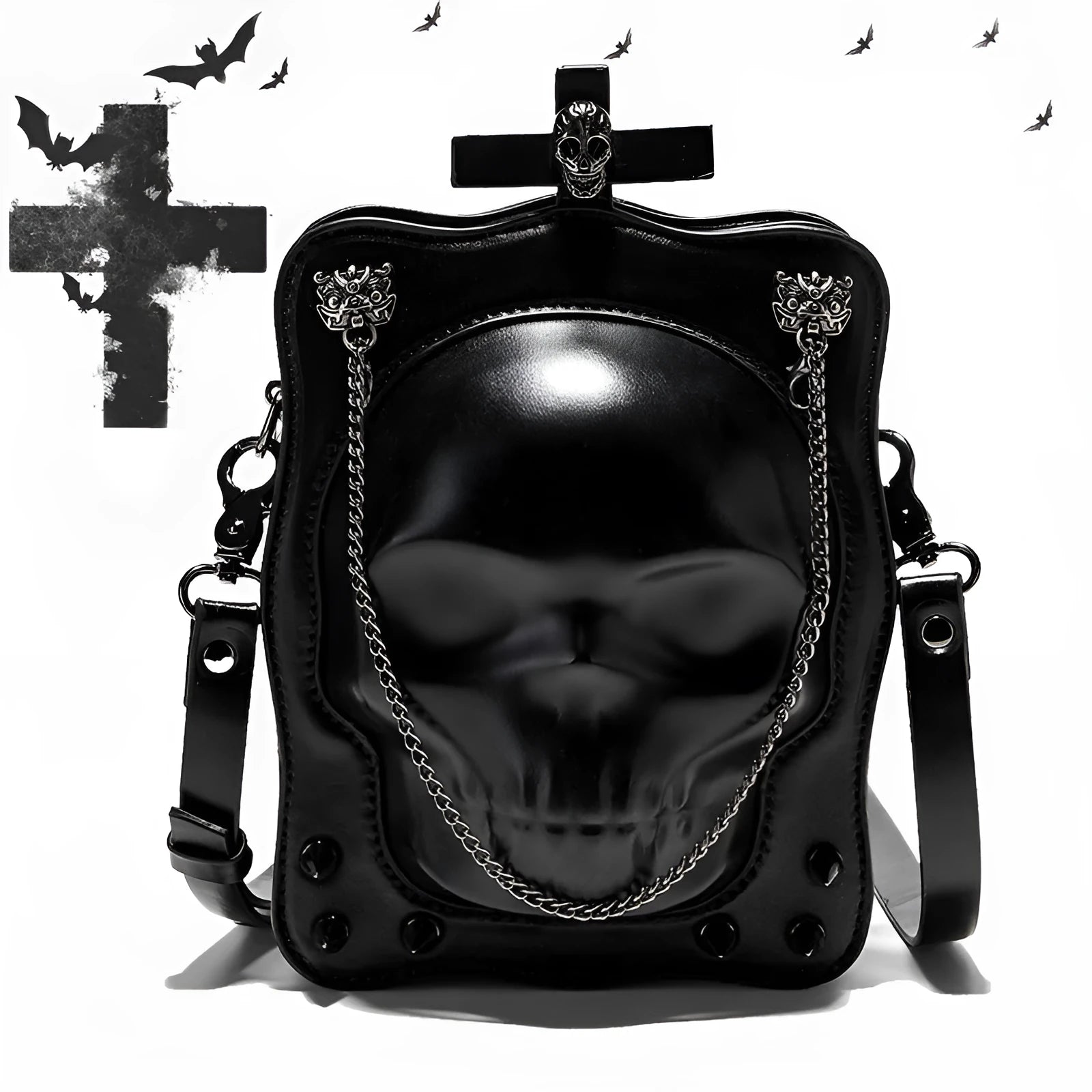 Black gothic skull crossbody bag with square shape, stitching and metal rivet detailing