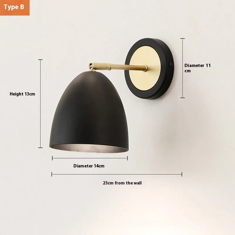 Nordic style iron wall lamp mounted beside bed with LED light illumination