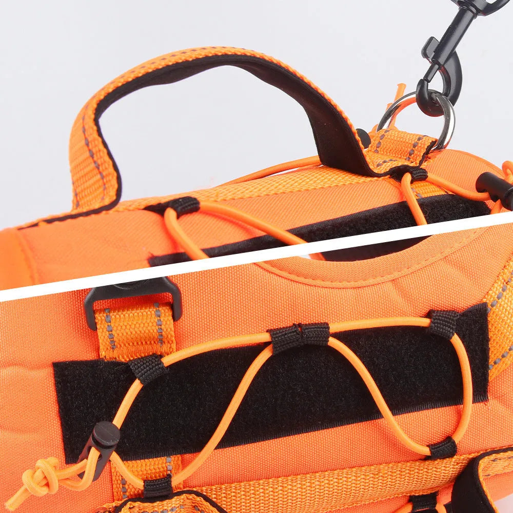 Reflective dog harness and hand-holding lead set in orange and black, showing the chest strap and full-handle grip.