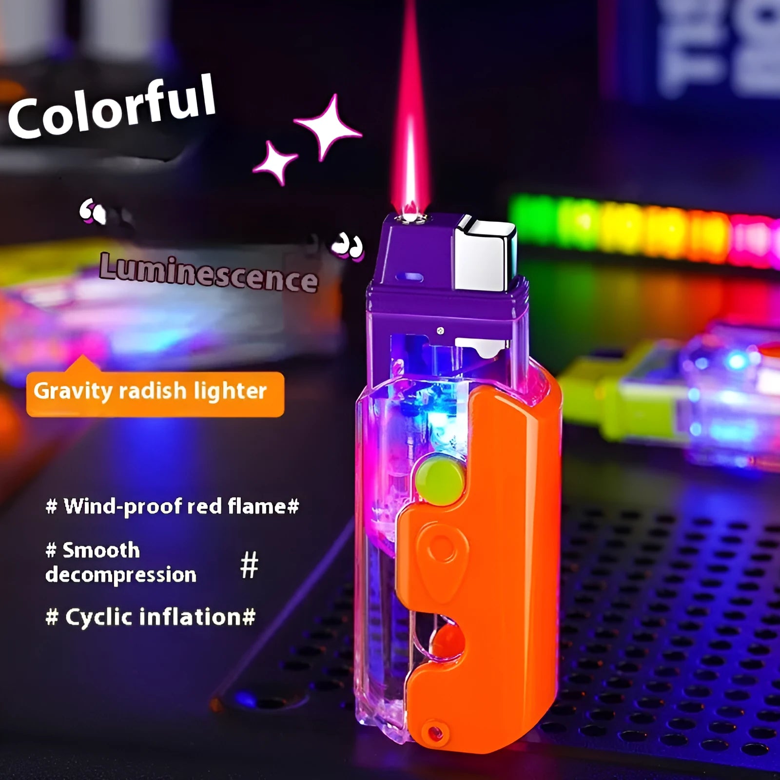 Orange, purple, and green plastic lighter with wind-resistant function on a simple bare metal background.