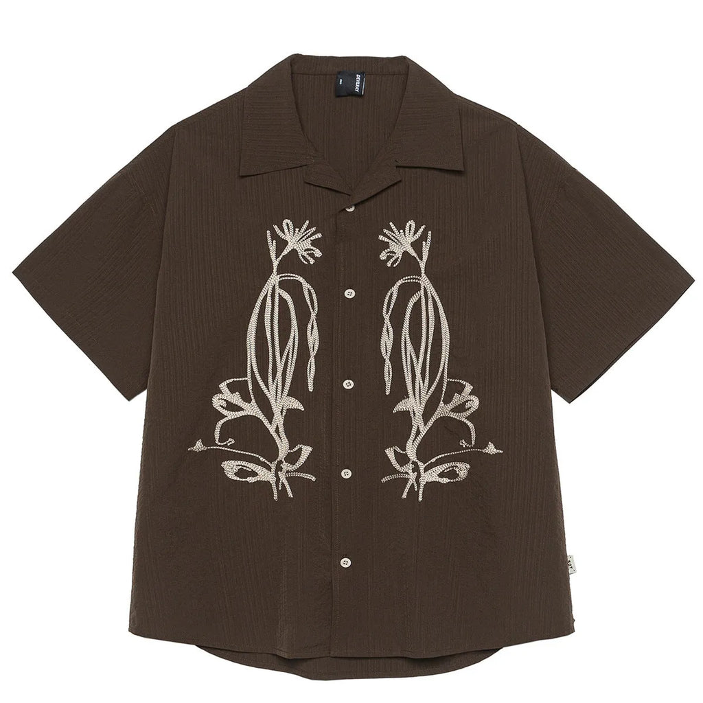 Brown striped short sleeve shirt with a Cuban collar, made from quick-dry polyester for outdoor camping.