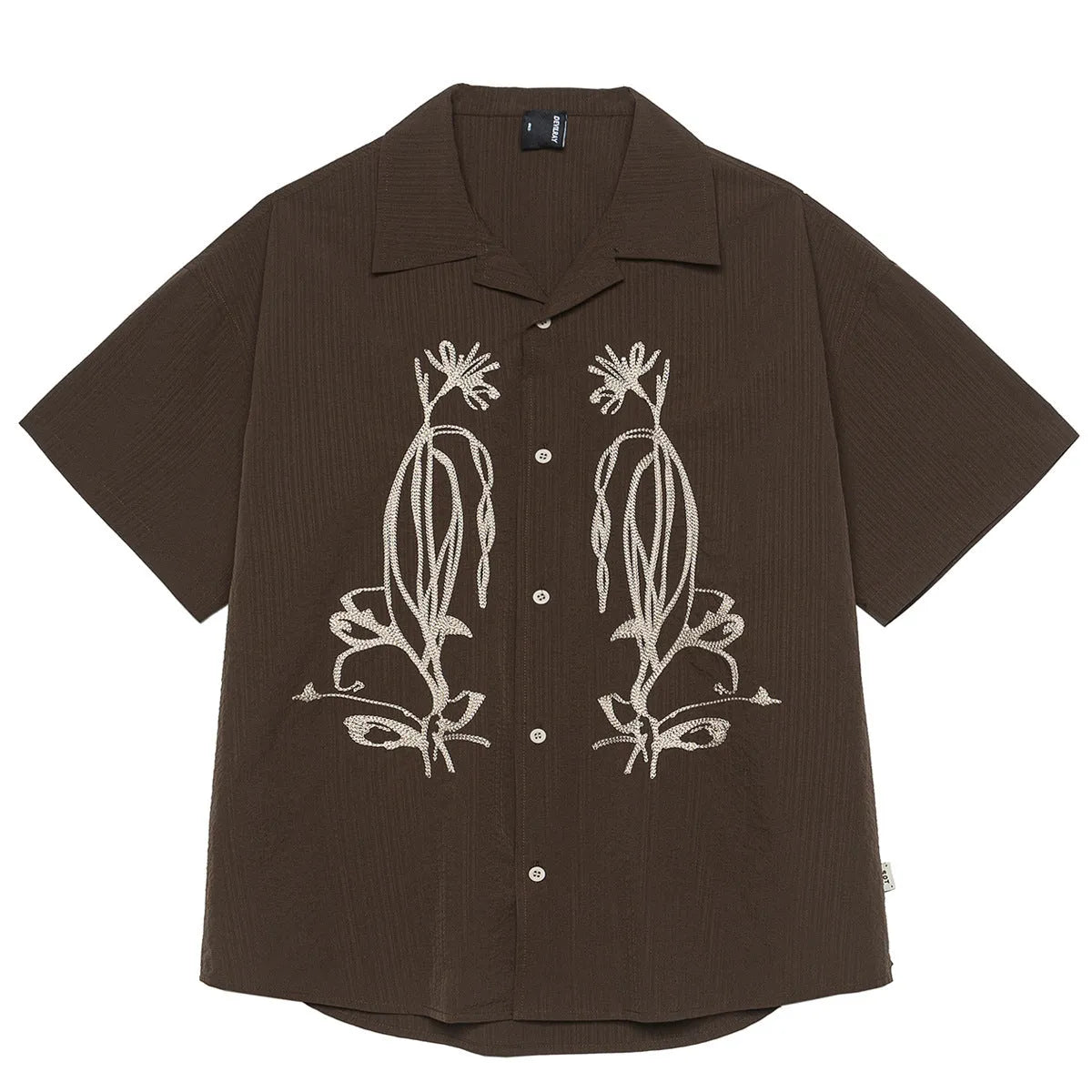Brown striped short sleeve shirt with a Cuban collar, made from quick-dry polyester for outdoor camping.